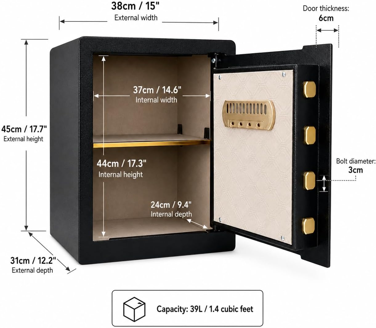 Safe Box, 17.7" Tall 1.4 Cubic Feet 2-Layer Home Office Safe, Security Cabinet Safe for Money Cash Valuables, Digital Electronic Keypad, Dual Alarm System, Removable Shelf