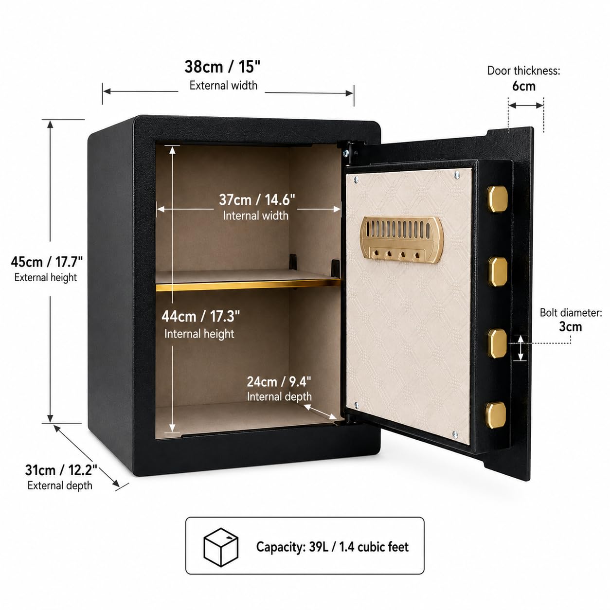 Caja fuerte de 45 cm de alto, 39 L, 2 capas, caja fuerte para dinero en efectivo y objetos de valor, teclado electrónico digital, sistema de alarma doble, estante extraíble