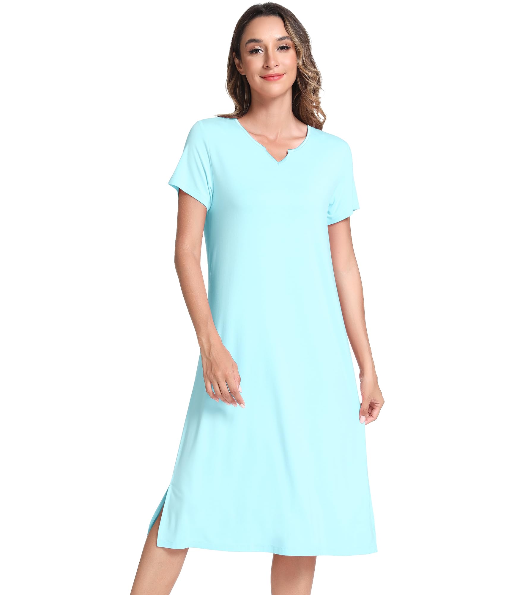 NACHILA Bamboo Viscose Nightgowns for Women Short Sleeve V Neck Sleepwear | Below the Knee Nightgowns, Tagless V-Neck Sleepshirt, Comfortable Short Sleeves, Side Slits Design, Relaxed Loose Fit