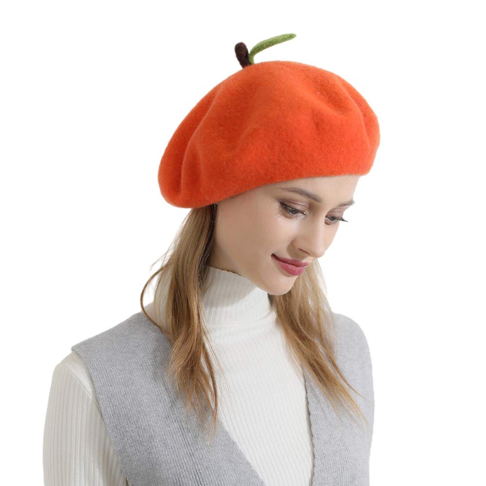 Zasy Wool Felt Cartoon Hat Classic Wool Beret French Beanie Cap Casual Style Orange