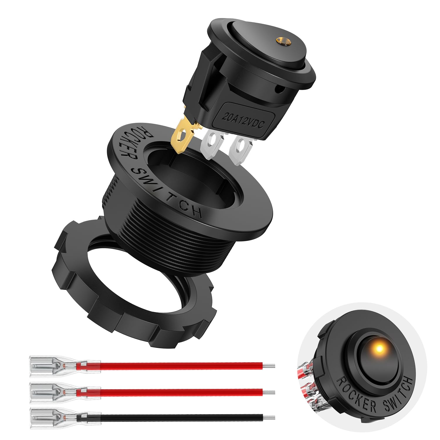 Nilight 1PC LED Rocker Switch 12V 20A Yellow Lighted ON Off Round Toggle
