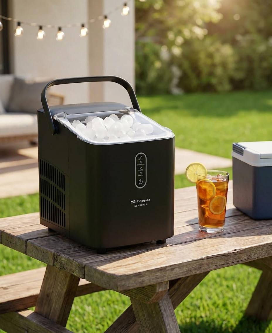 Suinga Máquinas para Hacer Hielo, Maquina de Hielo Portátil y Autolimpiante con Mango, Equipado con Hielo Pala de Puede Colocar Boca Abajo, 8 Cubitos Hielo Tipo Balas/6-8 Minutos, 12Kg/24h