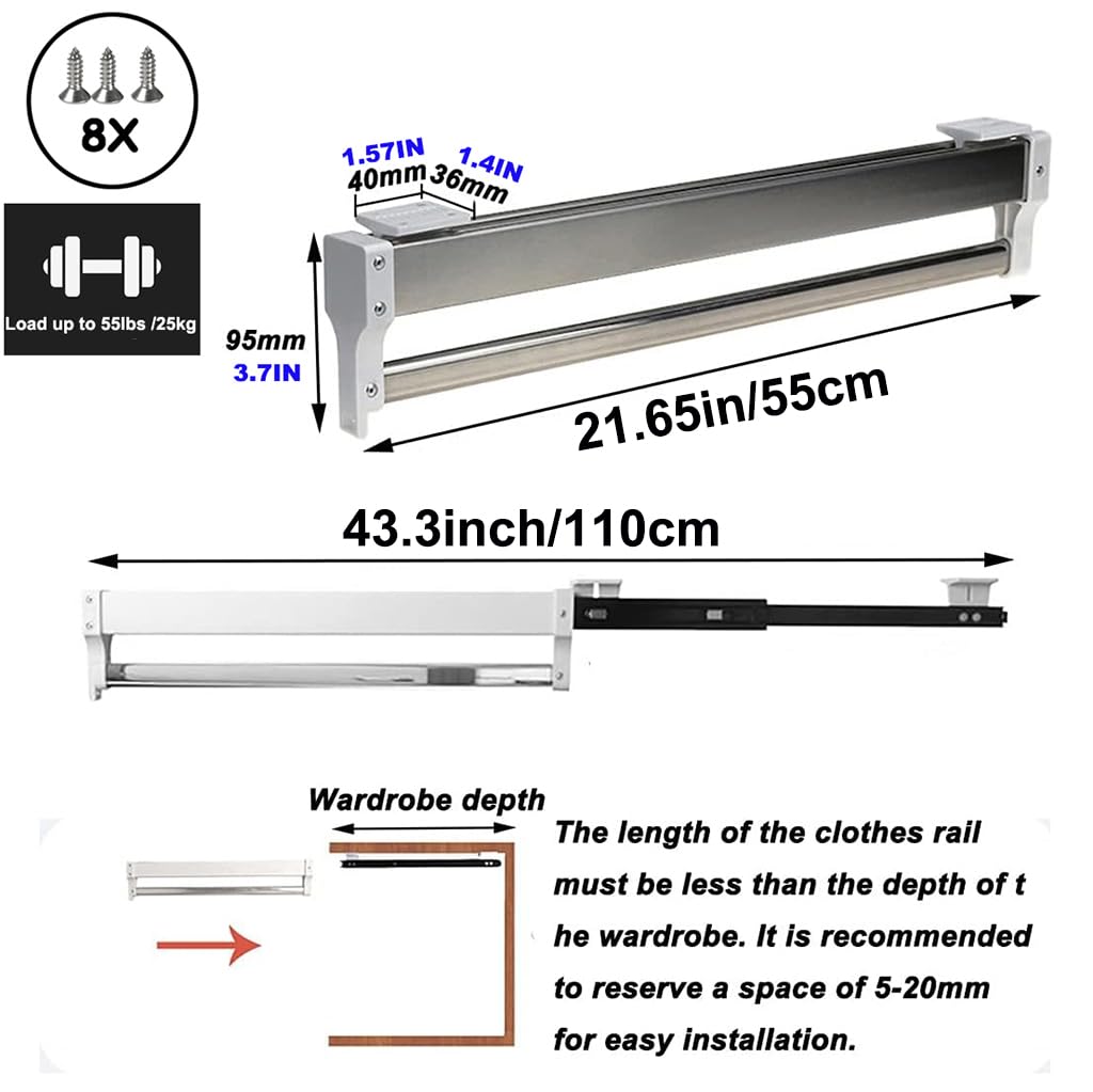 support tringle penderie Tringle à vêtements extensible avec 2 rails coulissants, tringle de placard coulissante réglable de 30 à 80 cm, porte-vêtements sur rail de garde-robe, porteuse de 25kg