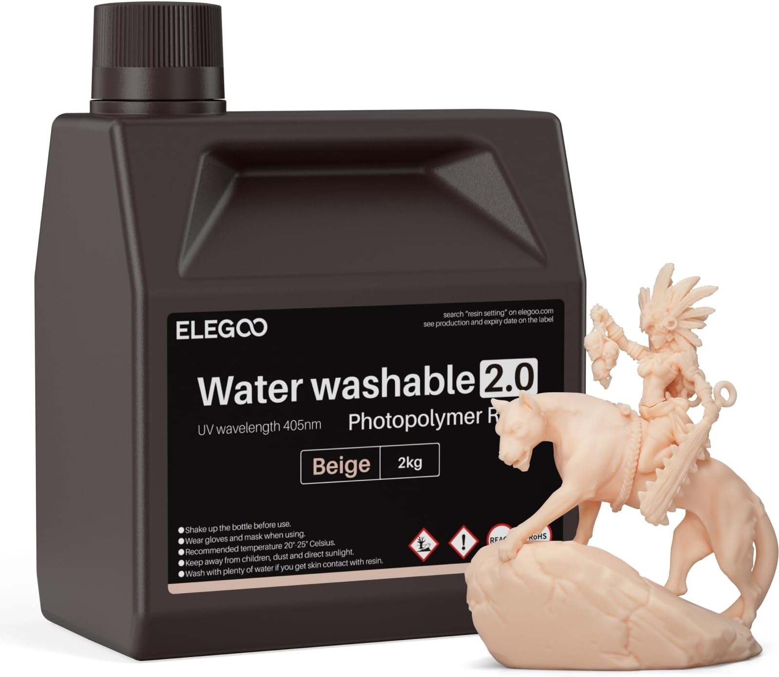 ELEGOO Water Washable 3D Printer Resin 2.0, Fast Curing Photopolymer Resin for Mars Saturn Jupiter MSLA DLP LCD 3D Printing, 385-405nm UV Curing 3D Printing Liquid, Beige 2000g