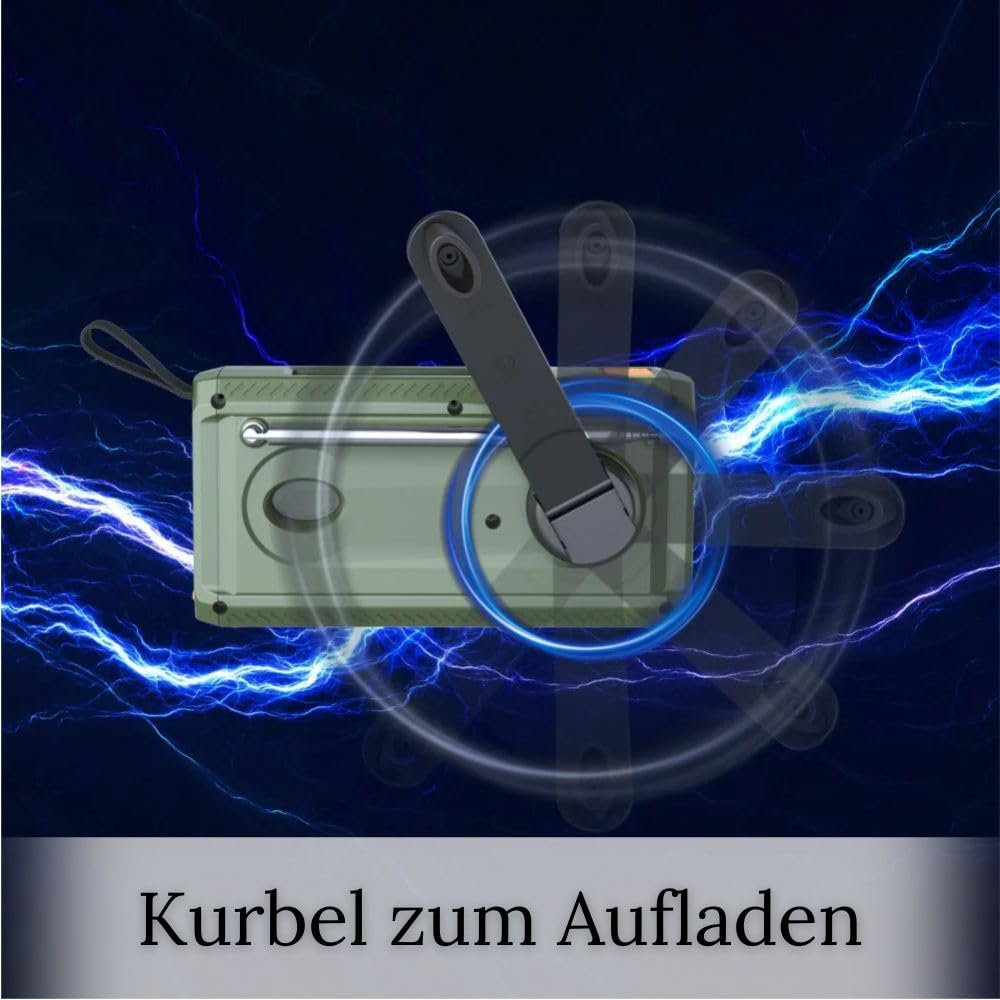 Manta RDI401G solarne radio awaryjne z korbą ręczną, radio FM z przenośnym powerbankiem 4500 mAh, USB-C, jasna latarka i lampka do czytania w sytuacjach awaryjnych w gospodarstwie domowym i na świeżym