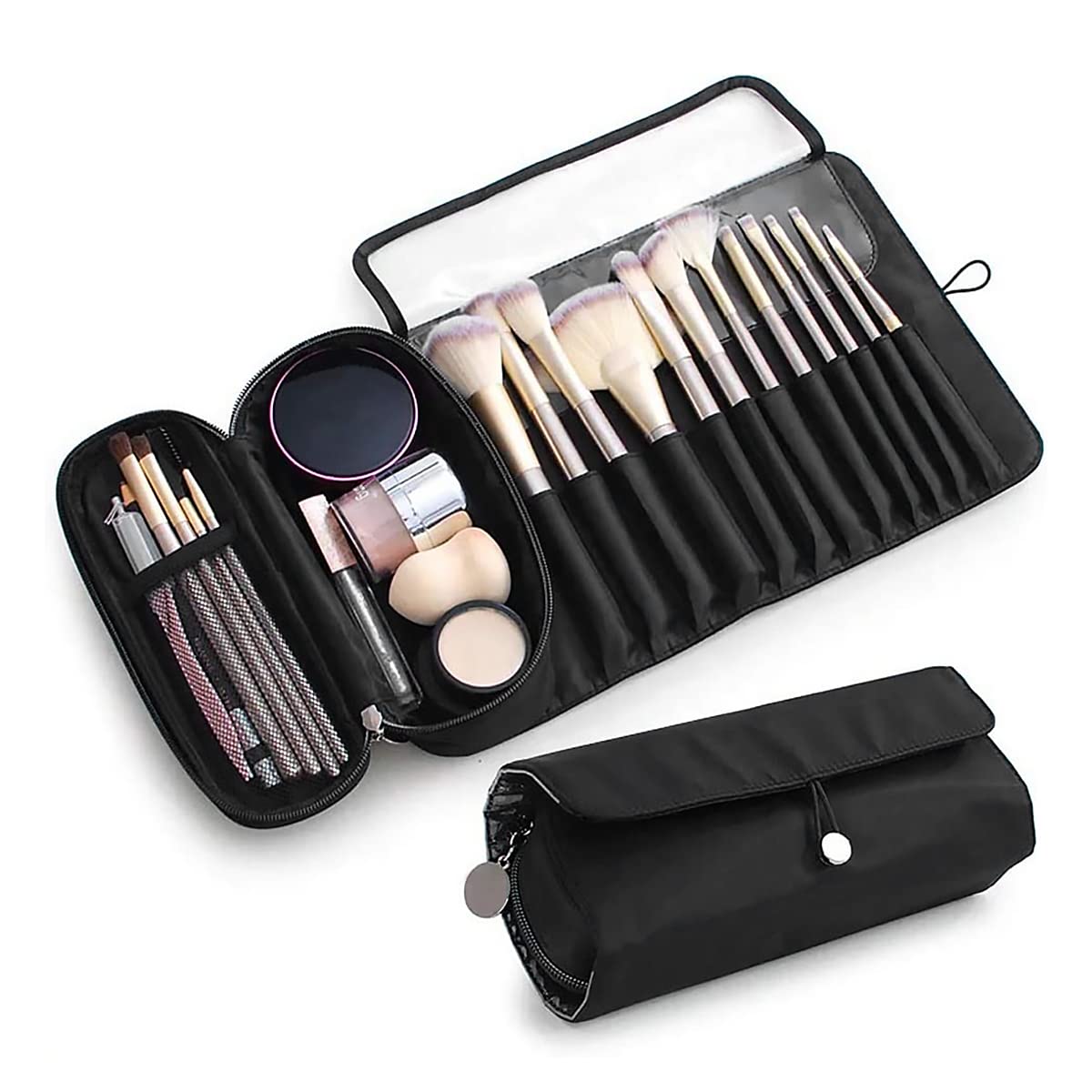 MAYCREATE Makeup Brush Holder Travel Makeup Brush Organizer Cosmetic Bag Roll Up Storage Case Pouch With 12 Brush Sleeve, Zipper & Mesh Pouch, Waterproof & Dustproof,Black-image-13