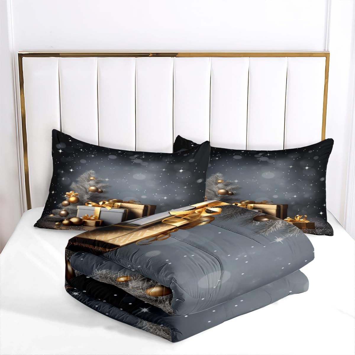 CCoutueChen Premium Grey Christmas Duvet Cover Set Twin Size, 2 Pcs Luxurious Light Gray Boxes Gold Ribbon Printed Duvet Cover, Elegant Christmas Decorative Bedding Set, for Friends