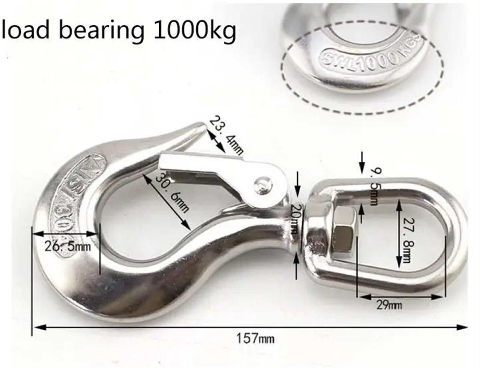 Gancio di sollevamento di sicurezza, gancio di sollevamento girevole carico 150/350/650/1000/1500 kg rotazione di 360 gradi corpo spesso anti-caduta gancio di sollevamento carico acciaio inossidabile