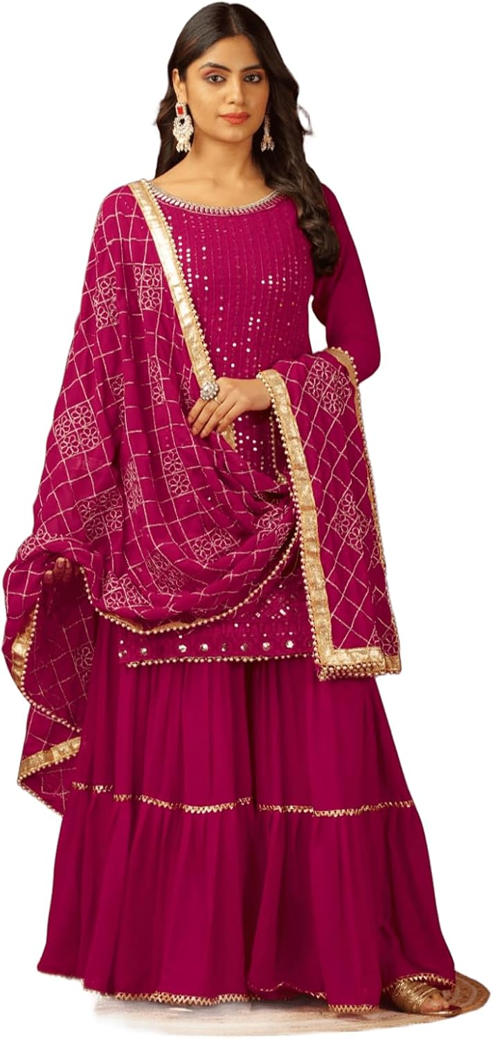 Beautiful Chinnon Punjabi Style Sharara Suit For Women Ready To Wear Salwar Kameez With Dupatta