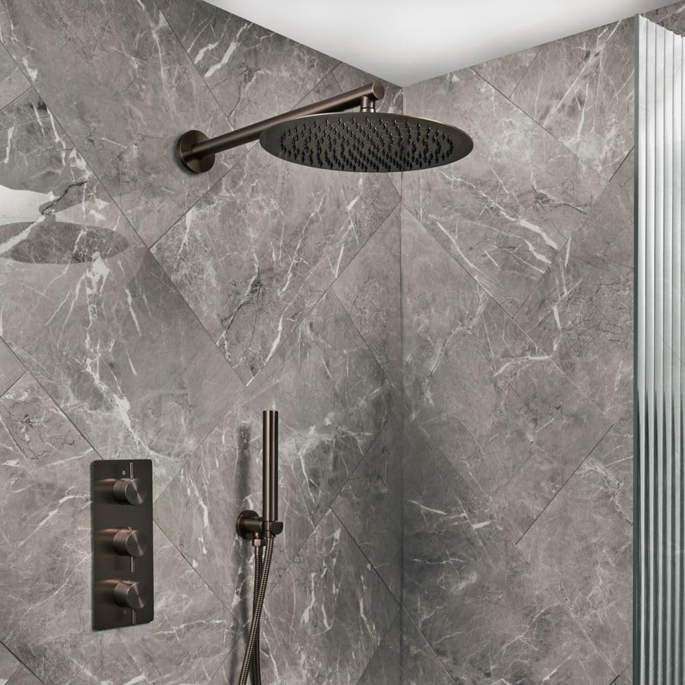 Milano Black Nickel Otto Thermostatic Mixer Valve 300Mm Round Rainfall Shower Head Handset