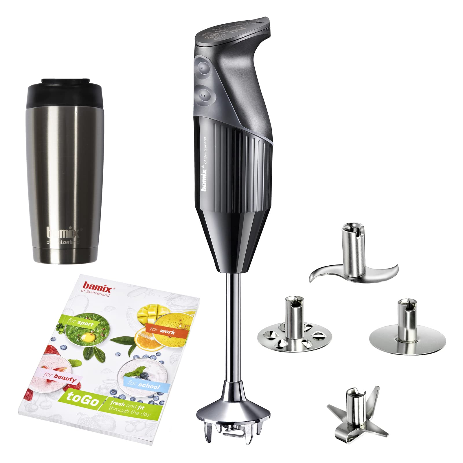 bamix Stabmixer Set M200 toGO inkl. Multifunktionsmesser, 4 Aufsätze, Isolierbecher, Smoothies Rezeptheft, 200 Watt, 2-Stufen, Edelstahl, Made in Switzerland - Schwarz