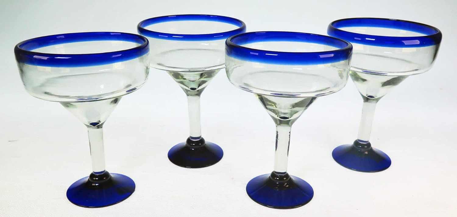 Mexican Margarita Glasses Blue Rim, Hand Blown,recycled glasss, set of 6