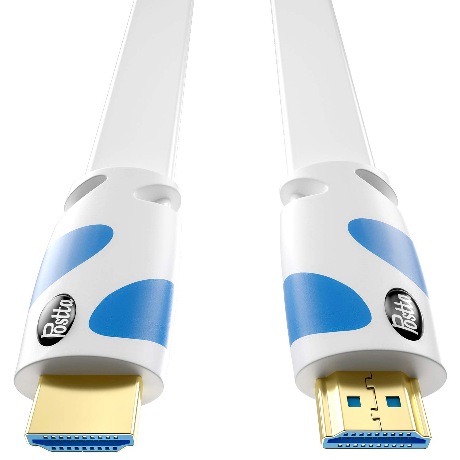 Postta Flat HDMI Cable 25 Feet 4K HDMI2.0 Cable Support 4K(2160P),3D,1080P,Ethernet,Audio Return(White-Pale Blue)