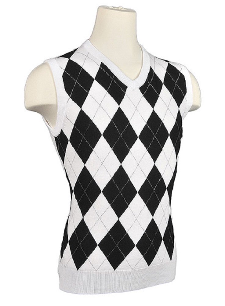 Women's Argyle Golf Sweater Vest - White/Black/Grey Overstitch