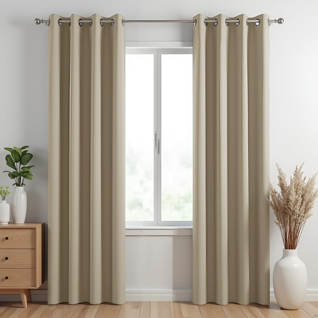 HOMEMONDE 70% Light Blocking Long Door 8 Feet Solid Opaque Curtains - Heavy Faux Silk Blackout Drapes Set, Thermal Insulation, Hangs with Eyelet - (Desert Whisper - 96 Inches)-picture-10