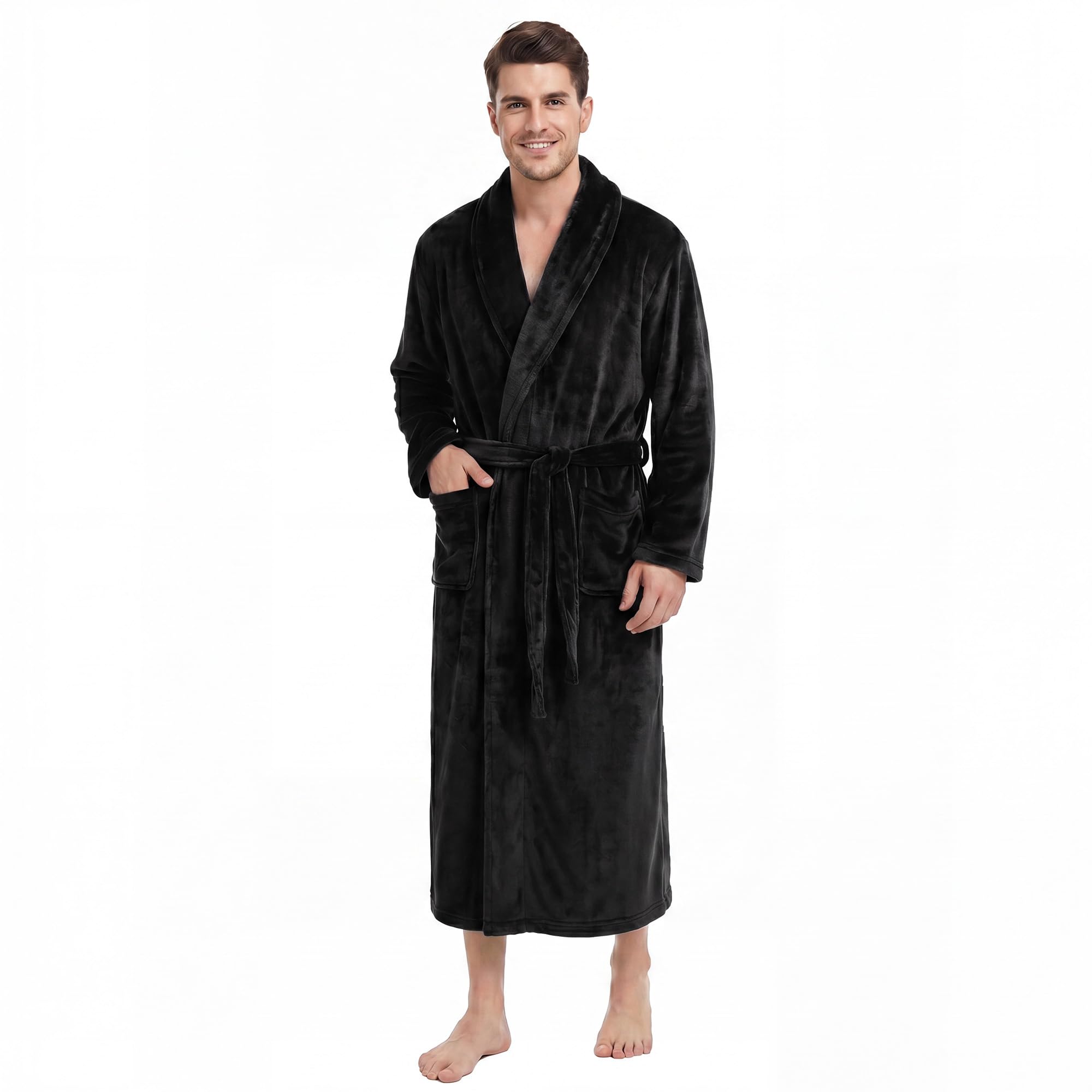 Mens Fleece Robe Plush Collar Shawl Bathrobe (Black, 2XL/3XL)-image-2