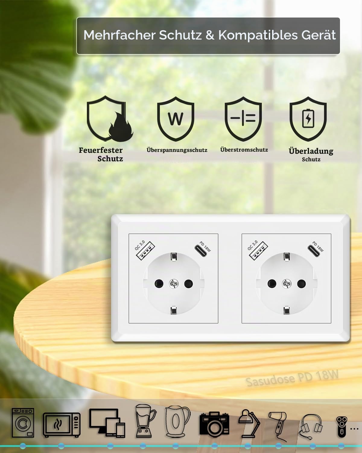 USB Steckdose, Doppelsteckdose mit USB Anschluss QC 3.0 und Typ C Port PD 18W Schnellladung System 55 Reinweiß Glänzend Wandsteckdose Passt in Standard 2-fach Unterputzdose