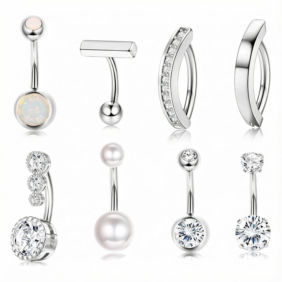 CATZUM Set di 8 Piercing per Ombelico da Donna Realizzati in Acciaio Chirurgico e Acciaio Inossidabile con Zirconi