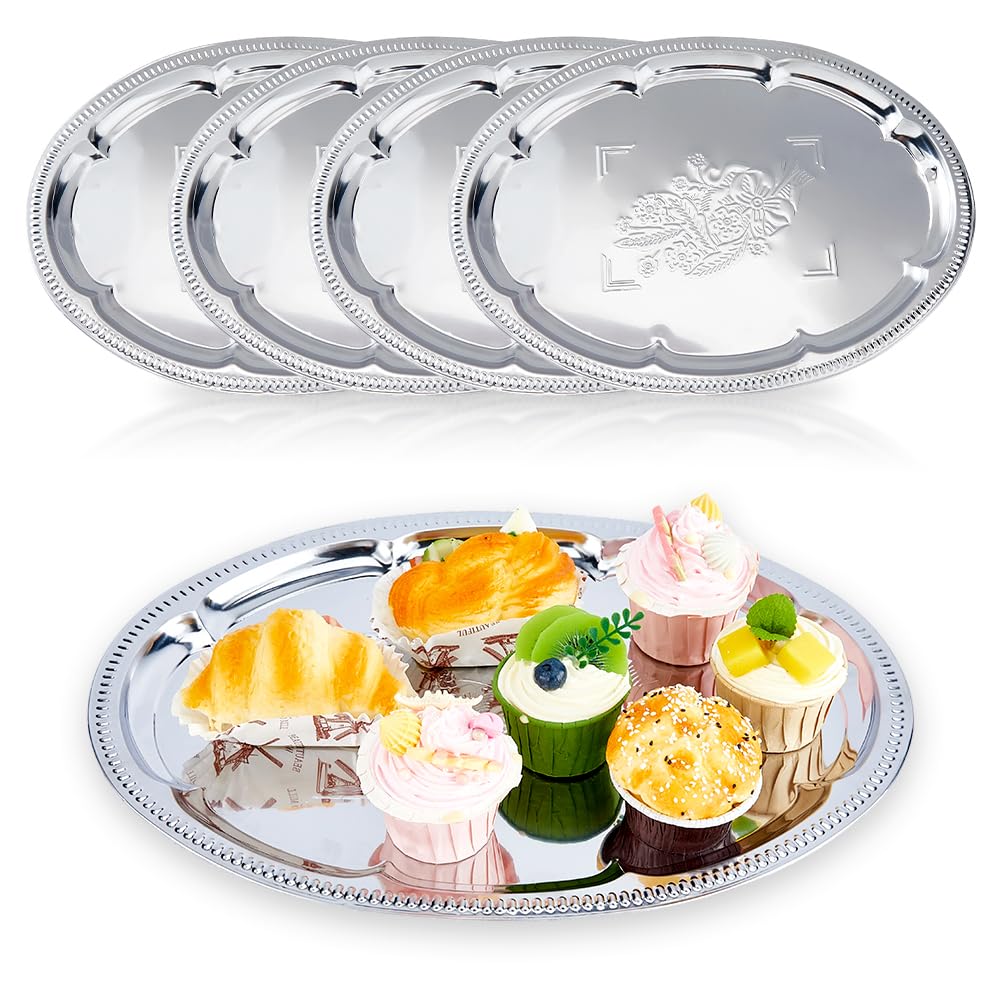 DICOSMETIC Juego de 5 bandejas grandes plateadas para servir, 40,6 x 29,6 x 1,5 cm, acero inoxidable, para barbacoa, bandejas ovaladas con grabado de flores, bandeja de metal para servir, para comida