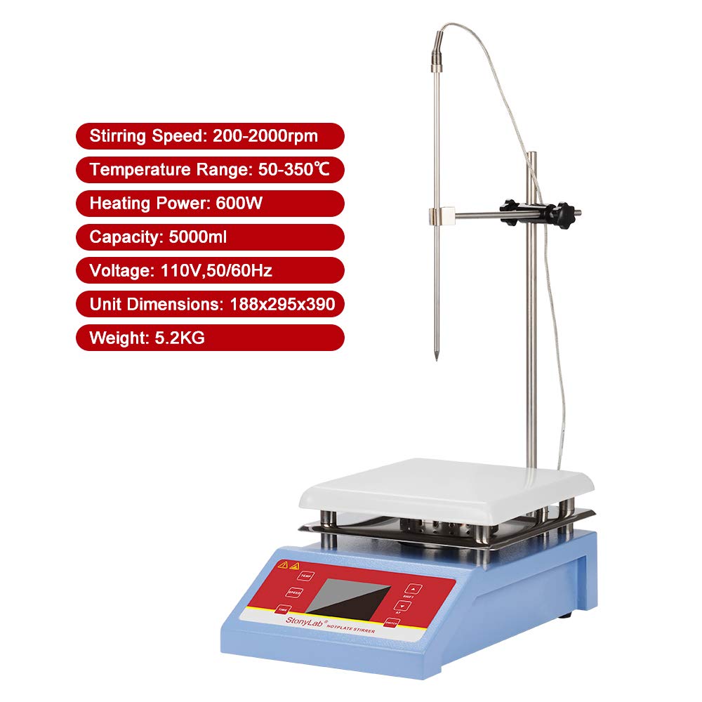 stonylab Agitatore Magnetico a Display Digitale, 5L 200-2000 giri/min Mescolatore Magnetico con Piastra Riscaldante in Ceramica e Sonda Sensor di Temperatura, Max 350℃ Potenza Nominale 600W, 220V