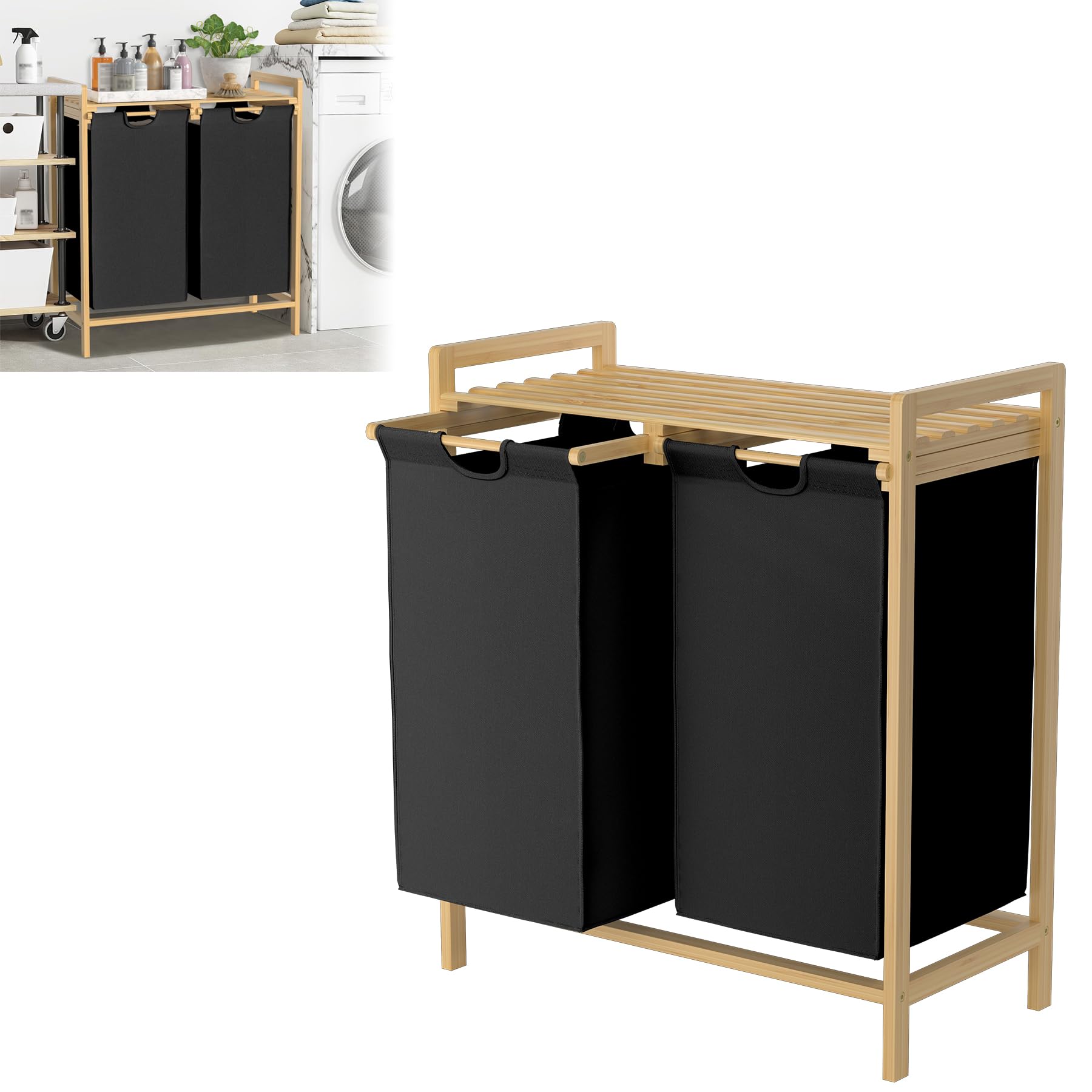 Froadp Cesto portabiancheria con telaio in bambù, sacchetto in tessuto Oxford rimovibile e lavabile, 2 scomparti separati, per la casa, nero, 73 x 64 x 33,5 cm