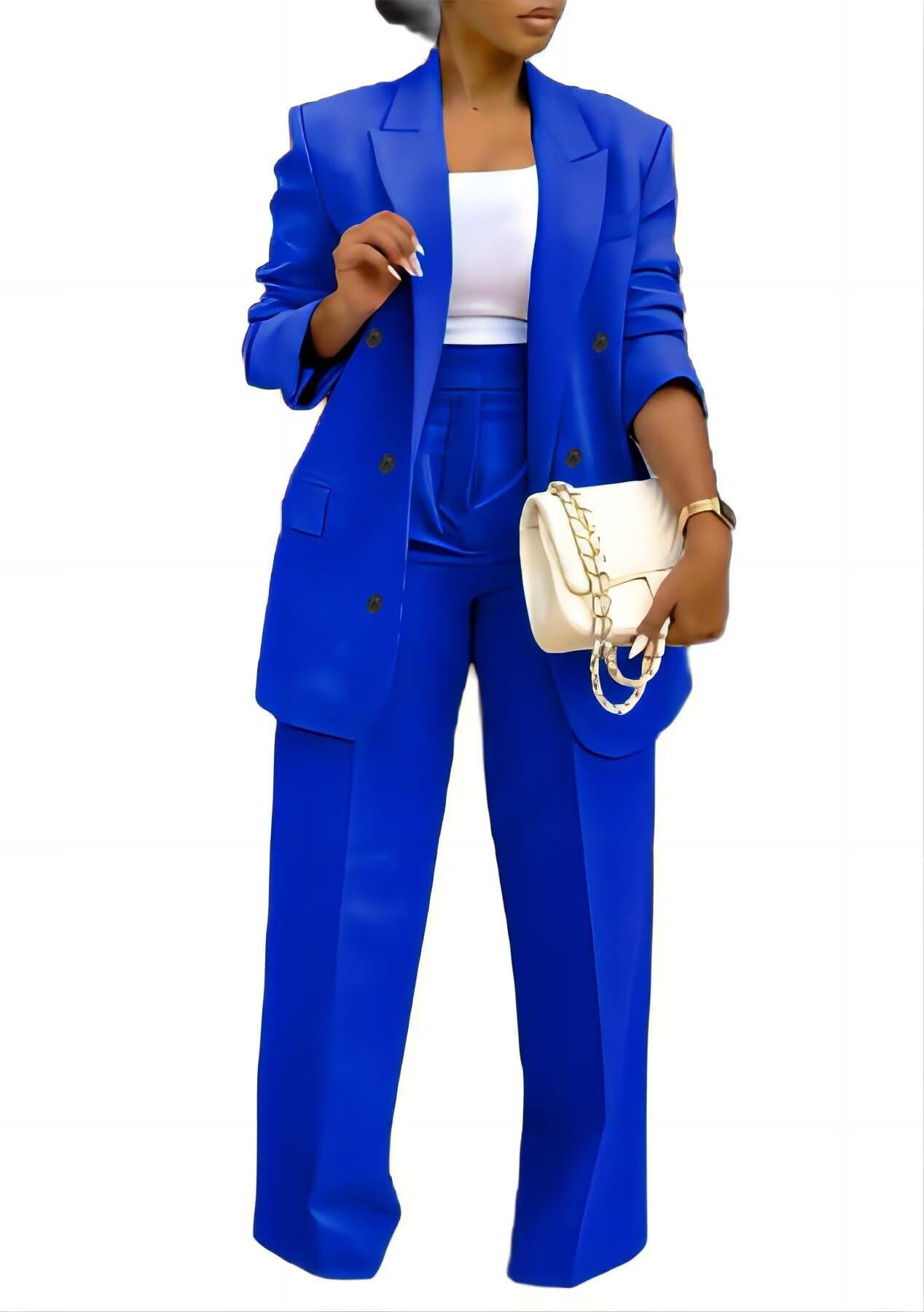 Tcremisa Pants Suits for Women Dressy 2 Piece Business Casual Outfits Double Breasted Blazer Wide Leg Pants Set