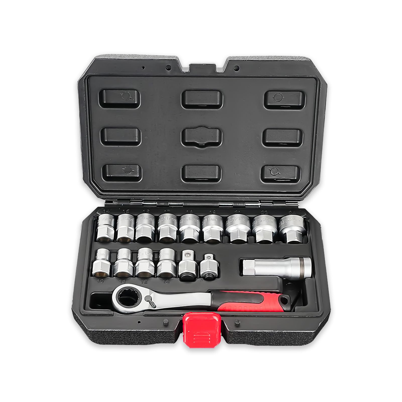 Set di Bussole Passanti 17 Pezzi, Bussola a 12 Punti 10-24 Mm con Cricchetto Reversibile 72T, Adattatore per Attacco 1/2 3/8 Pollici, per Elementi di Fissaggio