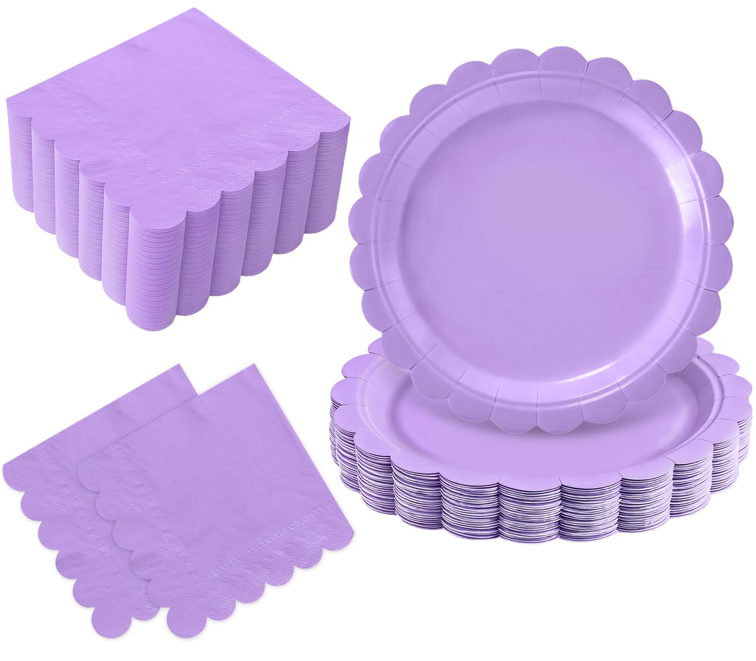 Oigco 50 Pcs Purple Plates and Napkins Party Supplies - Purple Disposable Scalloped Paper Plates & Napkins for Baby Shower, Wedding, Lavender Birthday Decorations, Serves 25