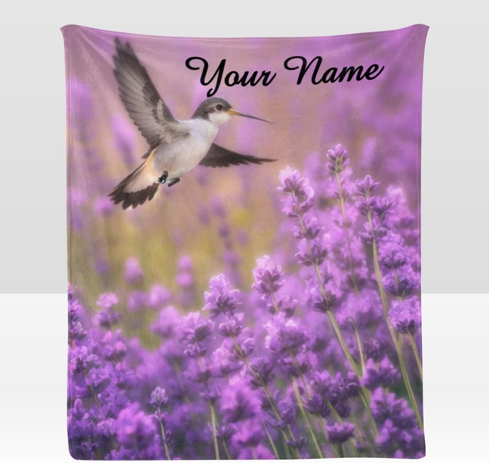 Custom Blanket with Name Text,Personalized Hummingbird Bird Purple Super Soft Fleece Throw Blanket for Couch Sofa Bed (50 X 60 inches)