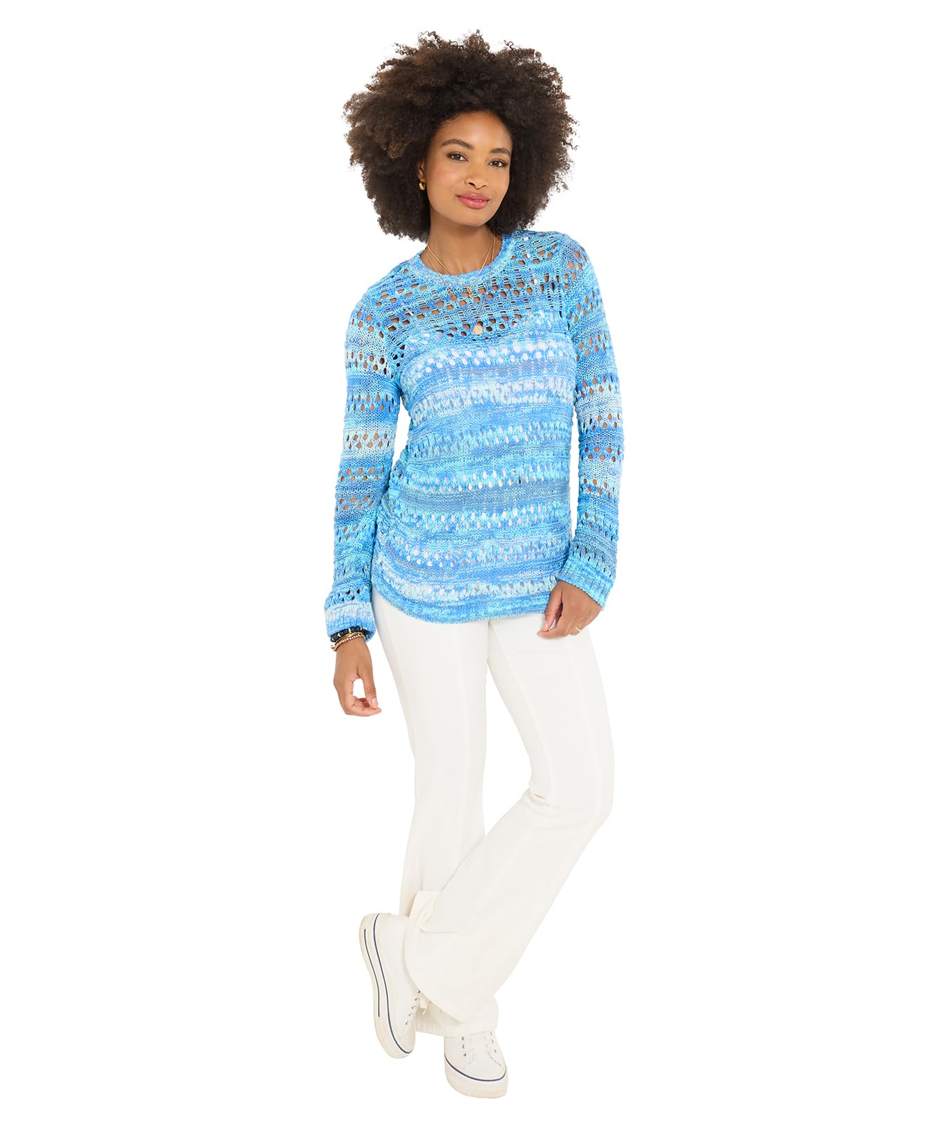 Joe Browns Women's Blue Open Knit Long Flared Sleeve Jumper, Regular, Uk S