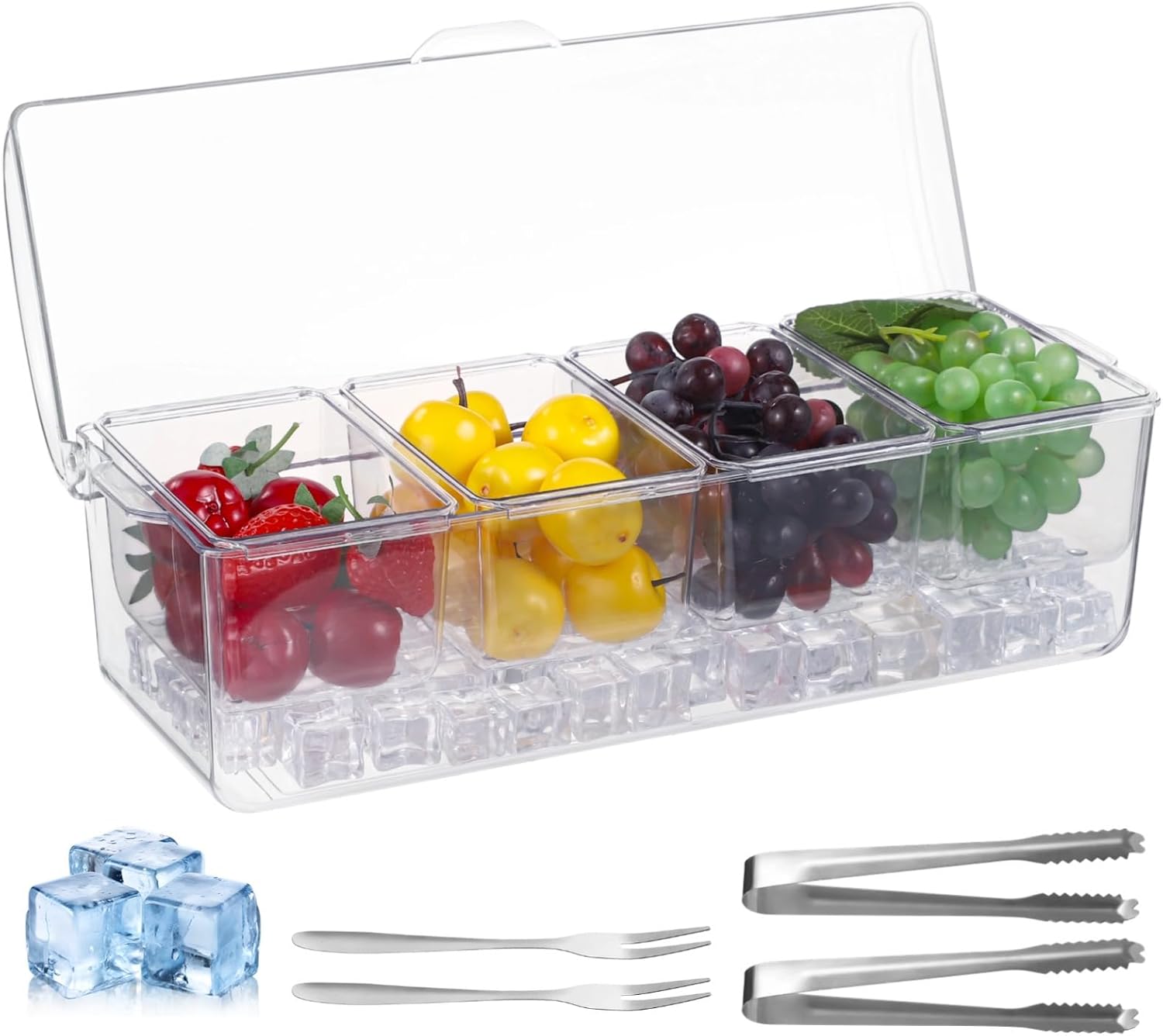 Clear Condiment Server & Ice Trays with Lid, Chilled Container, 4 Compartments Removable with Holder Garnish Bar, Salad Box Storage for Picnics, Parties, Buffets