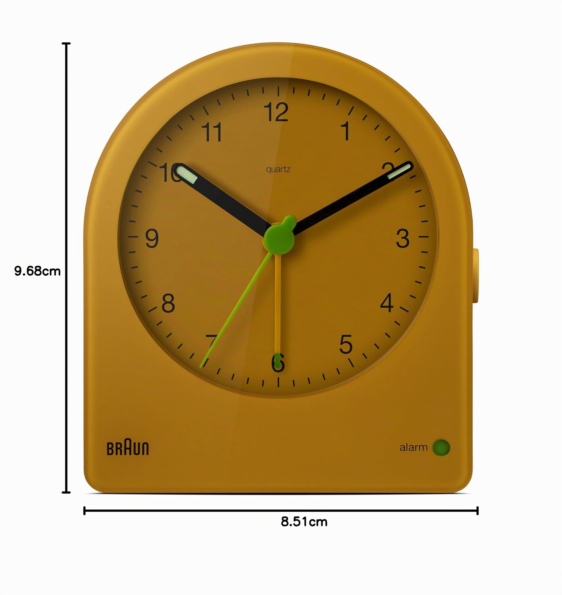 Braun Klassischer analoger Wecker mit Schlummerfunktion und kontinuierlicher Hintergrundbeleuchtung,leisem Quarzwerk, anschwellendem Alarm-Piepton in Gelb, Modell BC22Y