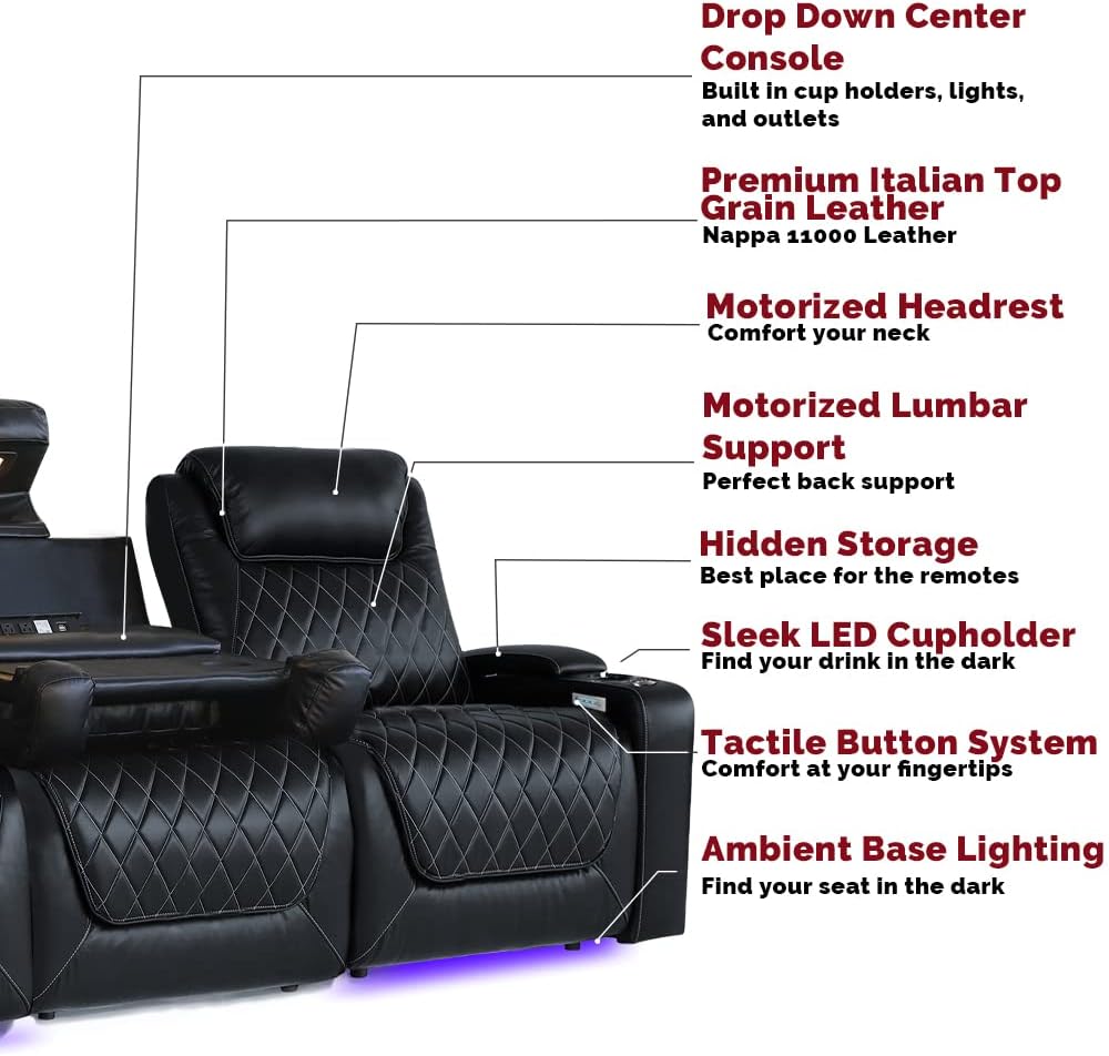 Valencia Oslo XL Home Theater Seating | Premium Top Grain Italian Nappa 11000 Leather, Power Recliner, Power Headrest, Power Lumbar Support, Extra Space, with Center Console (Row of 3, Black) : Home & Kitchen