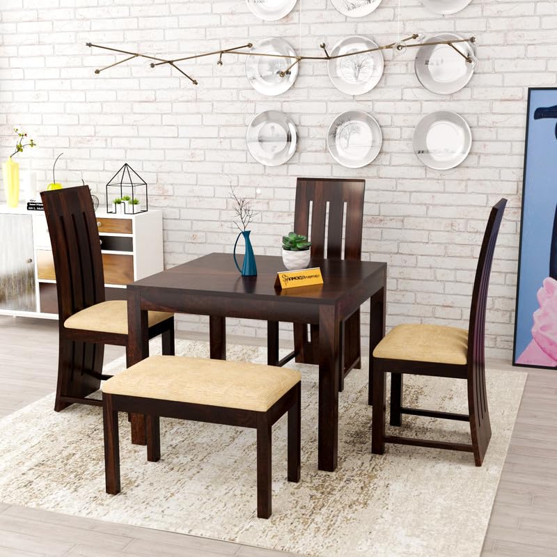 Image of Solid Sheesham Wood Dining Room Sets 4 Seater Dining Table with 3 Chairs & 1 Bench for Dining Room, Living Room, Kitchen, Hotel, Restaurant, Cafeteria (Zinor, Walnut Finish)