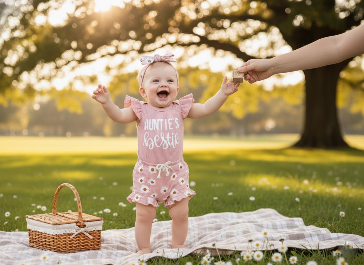 Aunties Bestie Clothes Girl Newborn 0 3 6 12 18 Months Summer Outfit Fly Sleeeve Romper Daisy Shorts Headband Set - Image 2