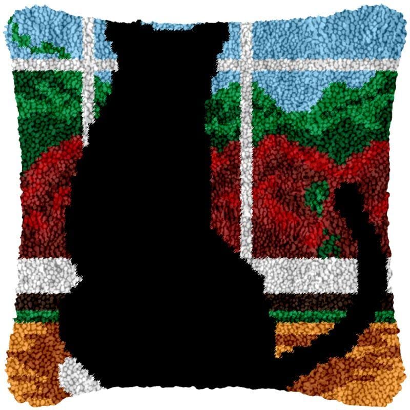Latch Hook Kits Pillow Cover for Beginner Black Cat Window Color Printed Canvas Yarn DIY Crocheting Carpet Cushion Embroidery Hook and Latch Pillowcase Sofa Decoration 43x43cm
