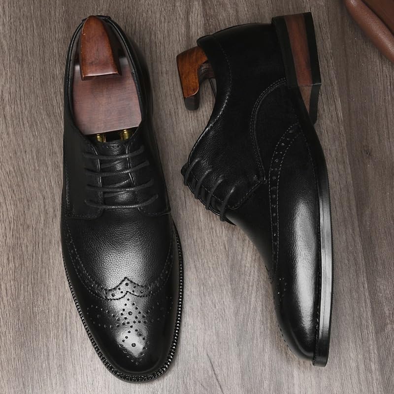 Mens Oxford Dress Shoes Waterproof Leather Lace Up Wingtip Non Slip Rubber Sole Block Heel Low Top Evening Business Formal Comfortable2