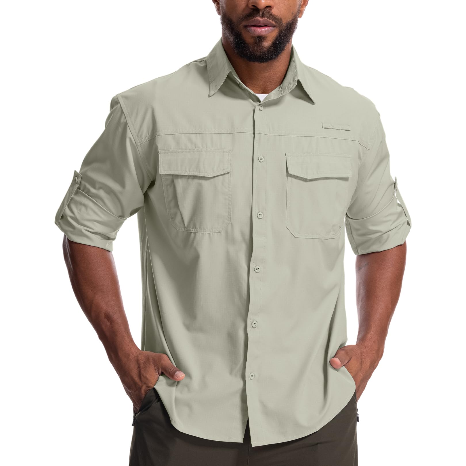 Camisa de hombre de manga larga Safari con protección UV UPF 50+, transpirable, de secado rápido, para senderismo, pesca, trekkin