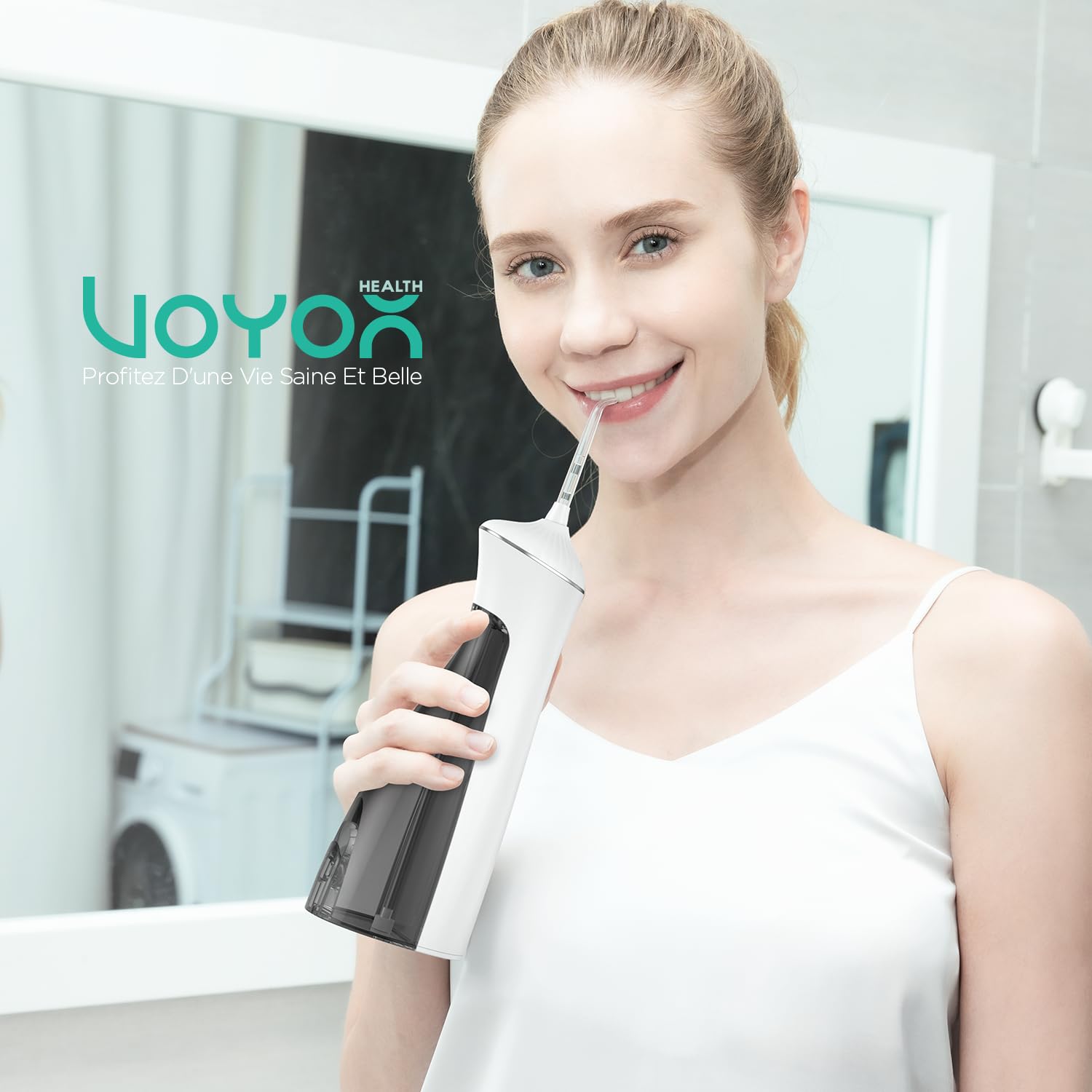 VOYOR-HEALTH Jet Dentaire Hydropulseur Portable et Irrigateurs Oral WF400 | Nettoyage en profondeur, Water Flosser, 4 Buses, Rechargeable par USB, Étanche IPX7, Maison et Voyages