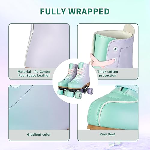 Miniatura 6 de jessie Roller Skates Women, PU Leather Flash Women Roller Skates, Fantasy Adjustable Purple Green Four-Wheel Beginner Adult Roller Skates Girl