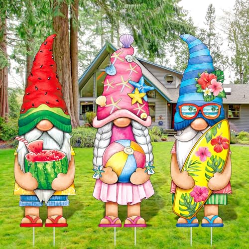 Umigy-3-Pcs-Summer-Yard-Sign-32-x-10-Inch-Outdoor-Summer-Yard-Decor-with-Stakes-Watermelon-Beach-Ball-Surfboard-Gnome-Lawn-Sign-Outside-Outdoor-Decor-for-Home-Pathway-Walkway Umigy 3 Pcs Summer Yard Sign 32 x 10 Inch Outdoor Summer Yard Decor with Stakes Watermelon Beach Ball Surfboard Gnome Lawn Sign Outside Outdoor Decor for Home Pathway Walkway