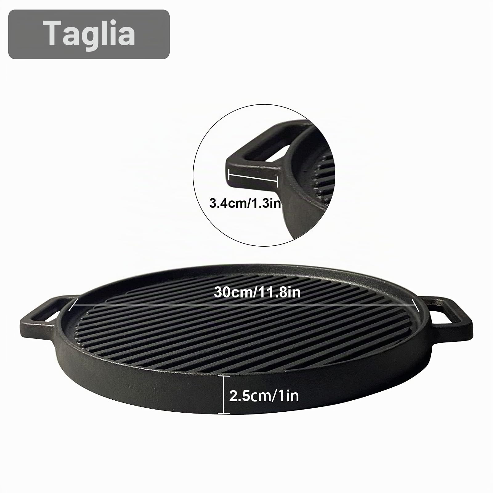 Bistecchiera in ghisa, bifacciale, con doppi manici, antiaderente, a induzione, per bistecche, grigliate, pane, uova, pancake, verdure, colore nero, 30 cm