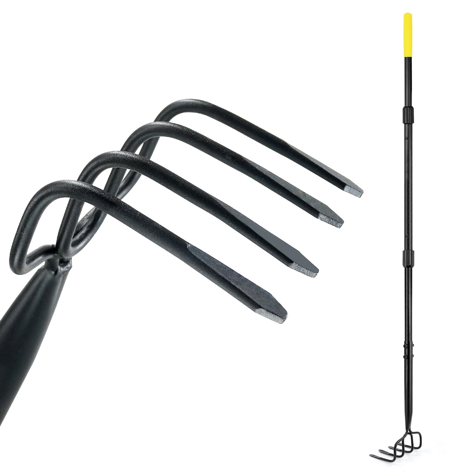 Colwelt 4 Tines Garden Cultivator Rake 150cm, Hand Tiller Garden Tool with Sharp Forged Steel Head, Cultivators for gardening with Long handle, Garden Tiller for Digging Loosening Weeding