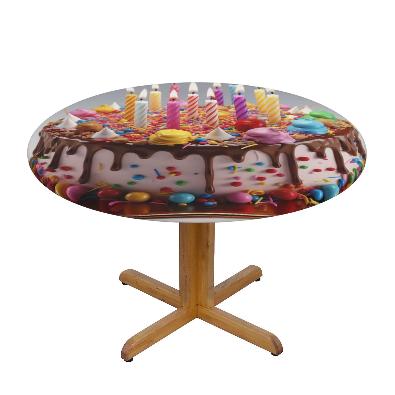 Nappe ronde Happy Birthday élastique anti-tache pour table 101 à 127cm