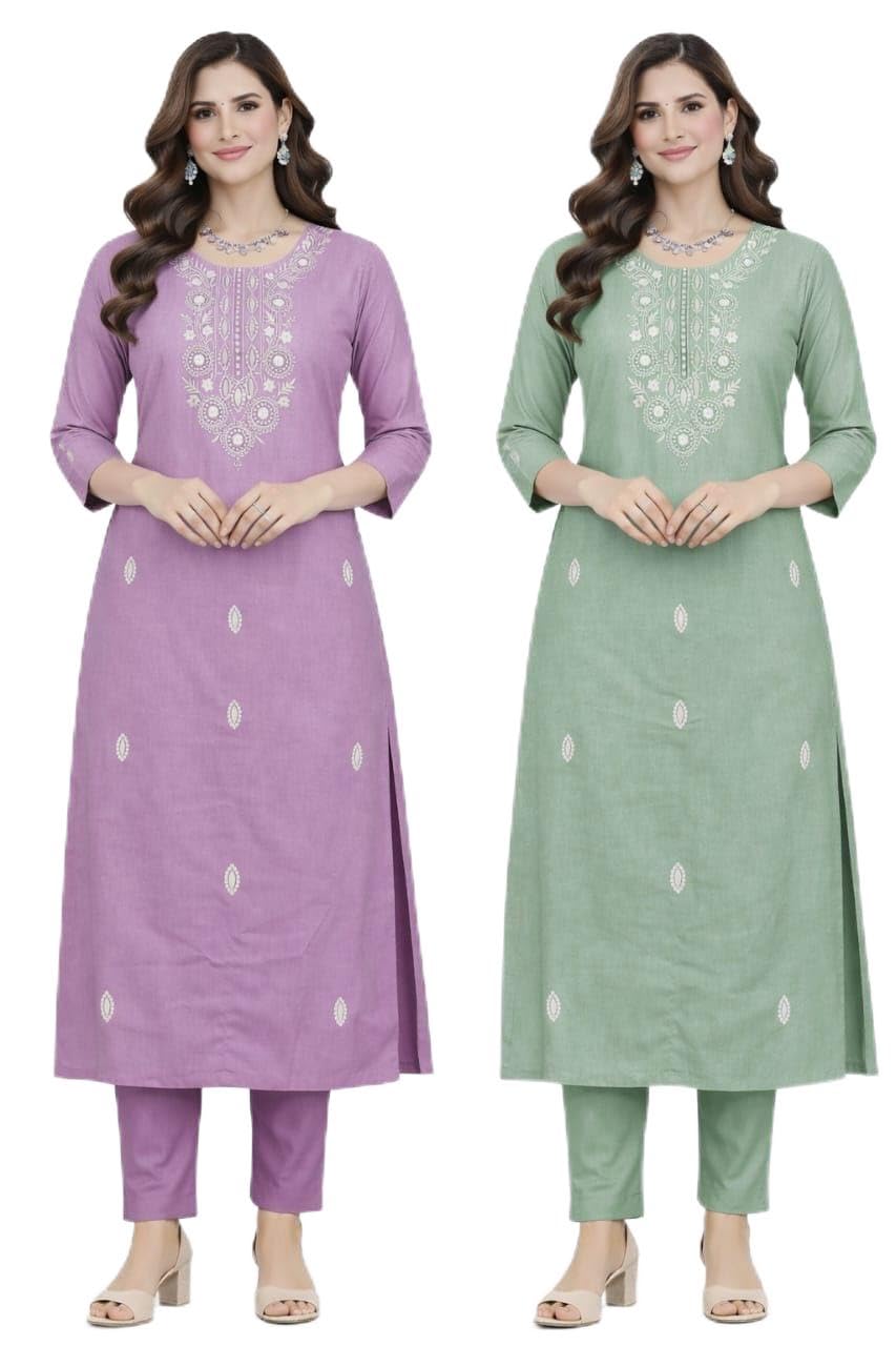 Women's Embroidered Round Neck Combo Kurtis, 3/4 Sleeve, Purple and Green, Pack of 2-picture-49
