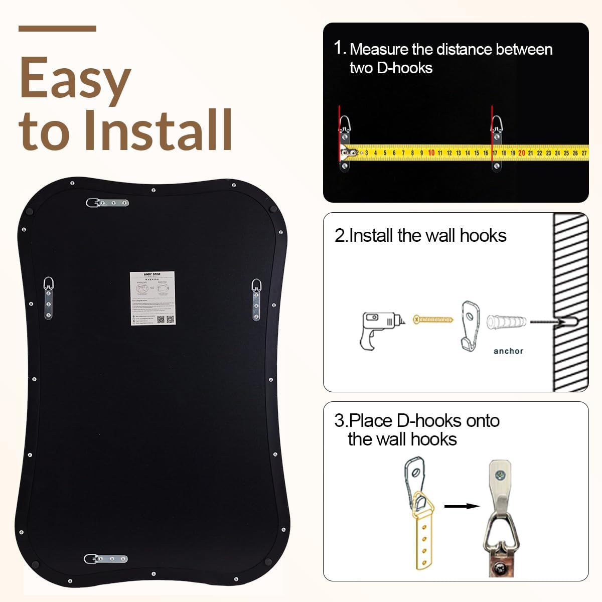 ANDY STAR Wavy Bathroom Mirror, 24x36 Inch Irregular Black Vanity Mirror, Asymmetrical Modern Decorative Mirror for Bathroom, Over Sink, Entryway, Living Room in 1'' Metal Frame Wall Mounted