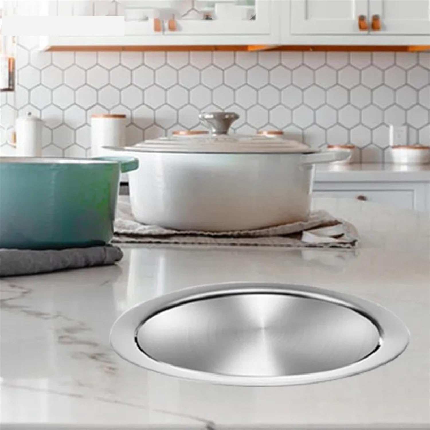 Built-in Dustbin Lid Modern Embedded Stainless Steel Flap Lid Trash Bin Cover Built-in Counter Top Swing Garbage Can Lid Bathroom Kitchen Utensils,E