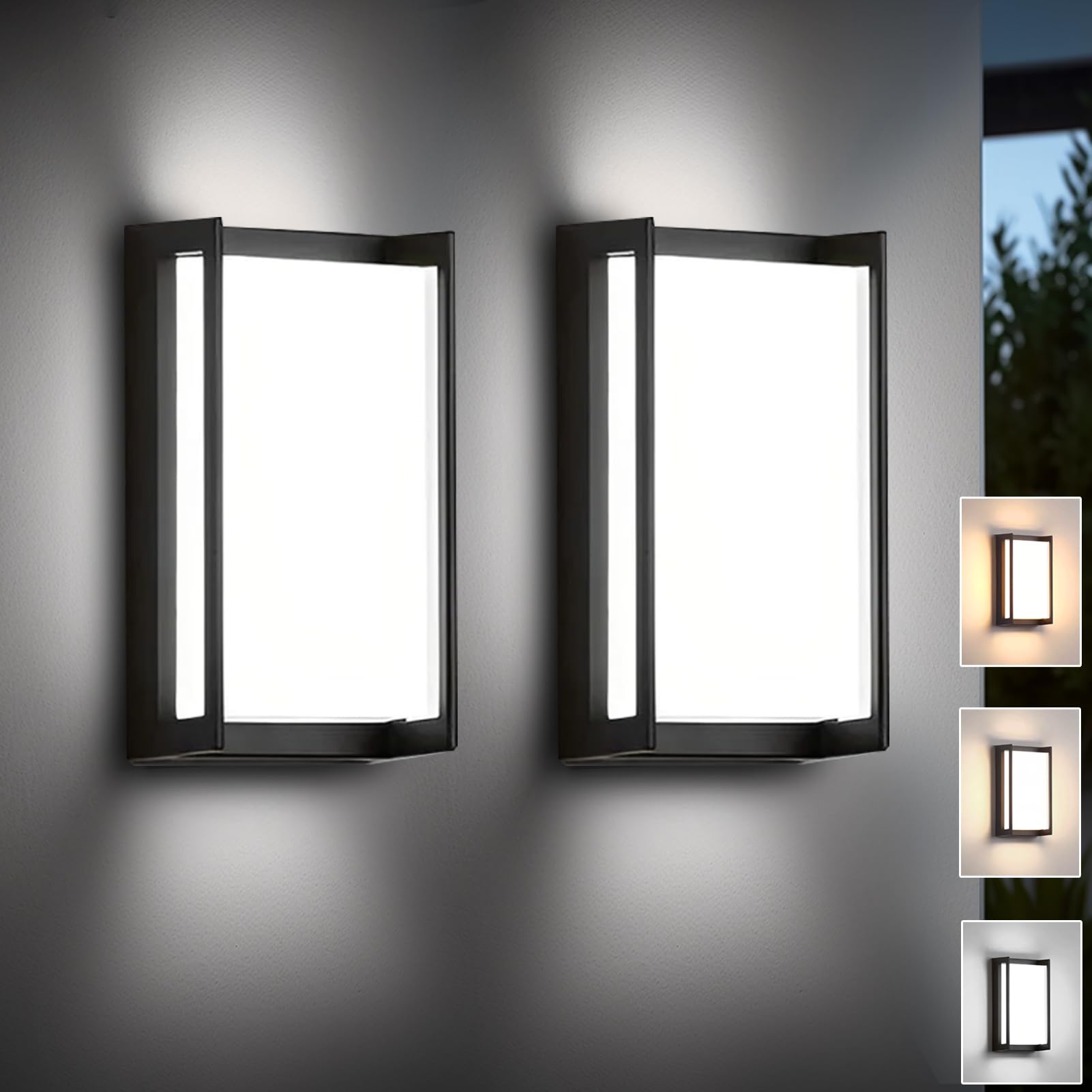 Photo 1 of iYogaled Modern Exterior Lighting Fixtures, 3-Color Temperature Front Porch Light fixtures, IP65 Waterproof wall Sconce,18W 1500LM Rectangular Black Outdoor Wall Lights for House Walkway Stair Garage
