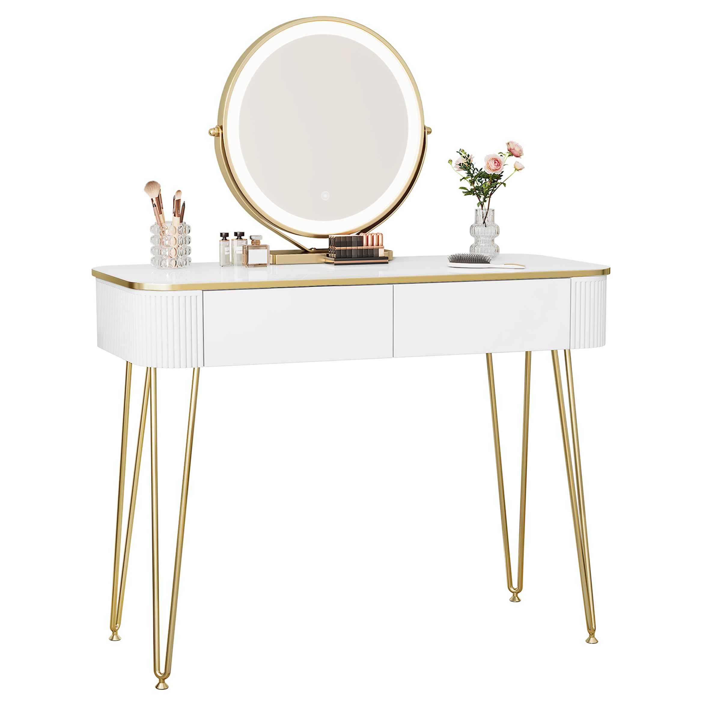 EUGAD Dressing Table with LED Lights Mirror, Adjustable Brightness, Vanity Desk with 2 Drawers, White Makeup Desk, Golden Metal Legs, 100x40cm Top, Modern Bedroom Furniture, 0057SZT