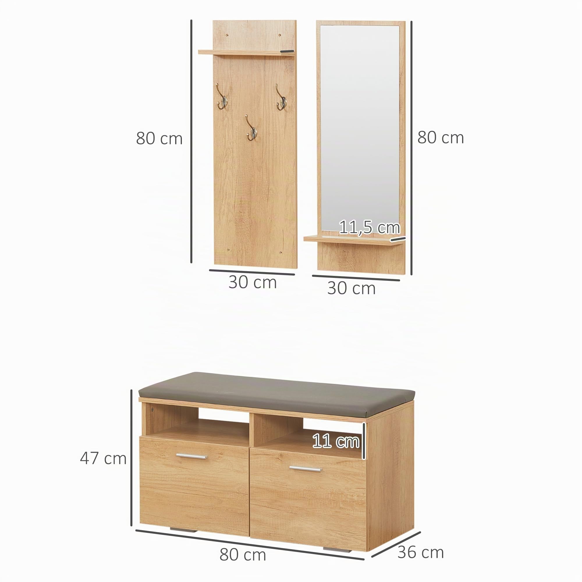 HOMCOM Ensemble de Meuble d'entrée vestiaire d'entrée 3 en 1 | 1 Porte-Manteau avec Étagère, 1 Miroir avec Étagère, 1 Banc à Chaussures avec Coussin en Polyuréthane